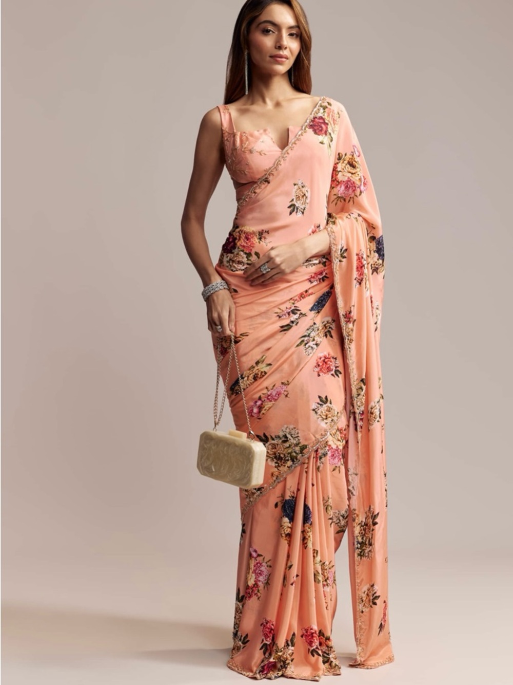 Peach Floral Saree with Matching Blouse